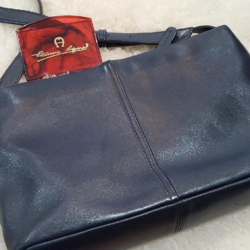 Etienne Aigner Black Leather Shoulder Bag with Gold Accents Plus Pocket Mirror
